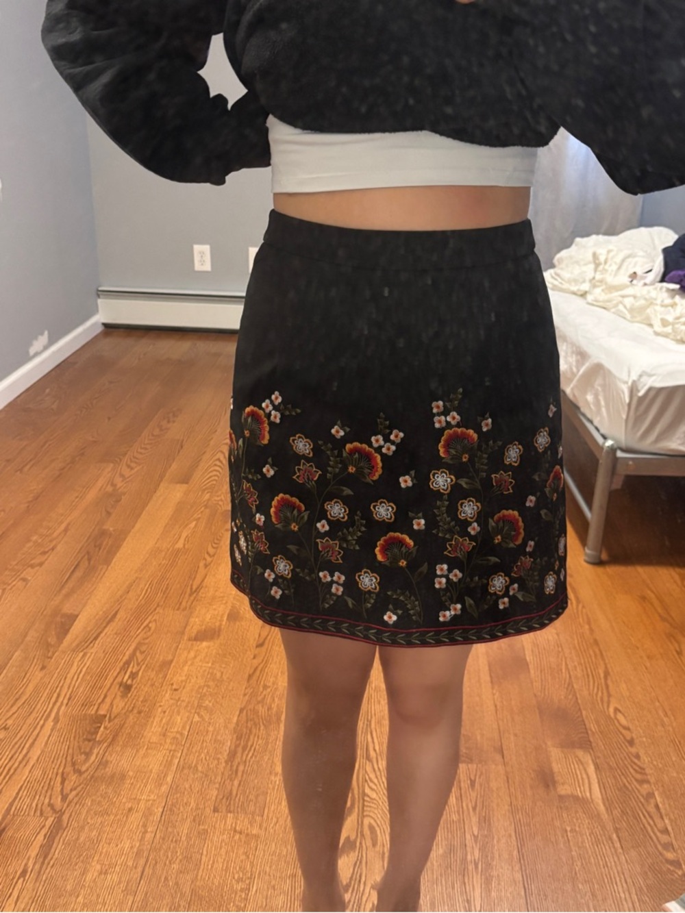 Suzy Shier Black Mini Skirt with Red and Gold Floral Embroidery